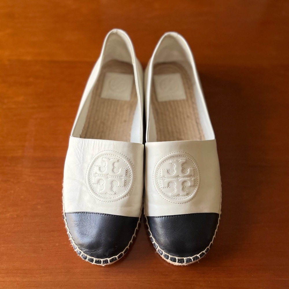 Tory Burch Ivory/Black Benton Color Block Espadrille Jute Nappa Leather Size 9.5